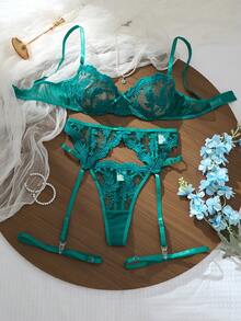 5pcs Women's Romantic Sheer Embroidered Mesh Underwire Lingerie Set