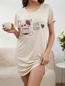 Camisola Noturna com Gráfico de Desenho Animado e Slogan - Bege - Visão 4
