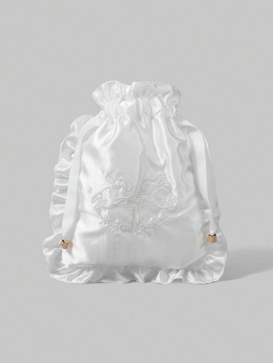 ROMWE Kawaii Thiết kế 336027 Túi đựng mỹ phẩm thêu hình thỏ, Túi đựng đồ lót du lịch di động có dây rút - trắng - Xem 1