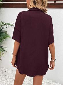 EMERY ROSE Casual Red Violet Woven Two-Piece Set For Women Short Sleeve Collar Blouse And Drawstring Shorts Effortless Style - Red Violet - View 2