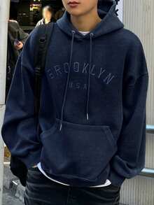 DAZY 男士保暖连帽衫，带字母刺绣，藏蓝色，秋冬款 - 藏蓝色 - 查看 4