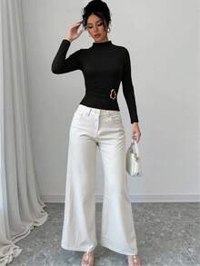 Elenzga 装饰性褶皱腰部长袖修身女式T恤 - 黑色 - 查看 6