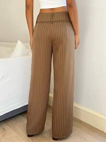 Flirla Pantalon large à taille basse rayé marron pour femmes avec ceinture, nœud papillon et œillets décoratifs. Élégant pour un usage casual et les déplacements quotidiens en automne/hiver - Tabac - Voir 2