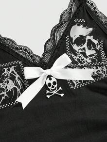 ROMWE Grunge Punk 哥特风蕾丝拼接吊带背心，饰有骷髅、蜘蛛、眼睛刺绣和缝线细节，女款 - 黑色 - 查看 3