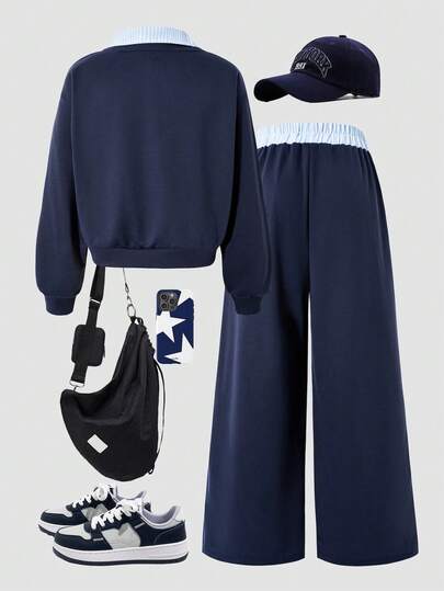 SHEIN 2件套少女Romweezy宽松休闲拼接撞色二合一卫衣套装，包含一件V领短款卫衣和一条宽松休闲阔腿撞色拼接裤，适合日常、通勤、休闲、度假、聚会、街拍、秋冬季穿着。