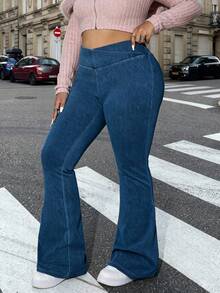 Dripcurv 大码女式蓝色弹力针织牛仔裤，四季皆宜的喇叭牛仔裤，新年服装