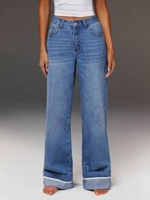 Athîral 女士休闲度假风卷边阔腿牛仔裤 - 中等水洗藍 - 查看 4