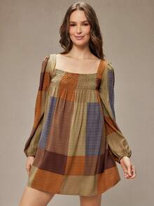 WESTFADE Vestido mini holgado con cuello cuadrado smock, manga abullonada corta y estampado a cuadros oversize para otoño, invierno y uso casual - Multicolor - Ver 5