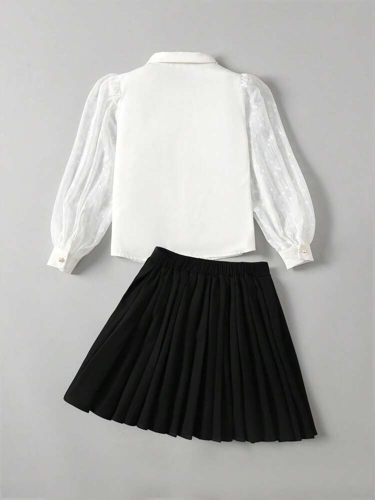 Tween Girl White Collar Puff Sleeve Blouse & Pleated Skirt Casual 2-Piece Set
