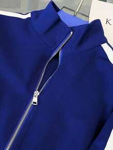 Franclia Fitted Stand Collar Cardigan + Casual Slant Pocket Pants - Blue - View 5