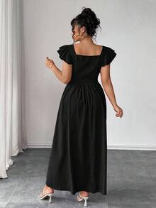 Elenzga 大码女式蝴蝶结前襟荷叶袖方领修身腰身优雅休闲连衣裙 - 黑色 - 查看 2