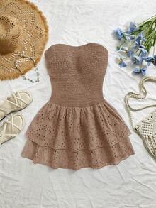 Sweetra Navy Blue Vacation Style Pleated Sleeveless Halter Sexy Cinched Waist Hollow Embroidered Ruffle Hem Elegant Dress - Camel - View 4