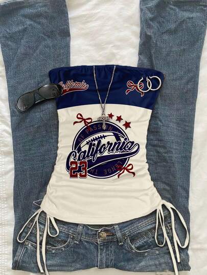 Attitoon 女士休闲复古抽绳系带露脐抹胸上衣，足球和加州图案印花