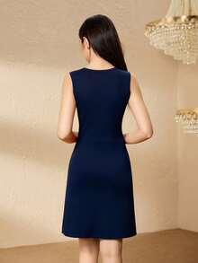Elegant Minimalist Fashion Round Neck Sleeveless Waist Cinched Short Split Design Solid Color 3D Bow Decor Bodycon Dress, Burgundy, Suitable For Christmas Party, Teenage Girls Blue Dresses For Women Sleeveless Dress Dark Blue Dress Navy Blue Dress Bow Detail Dress - Navy Blue - View 2