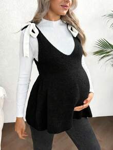 SHEIN 孕妇罗纹针织蝴蝶结荷叶边下摆时尚百搭背心