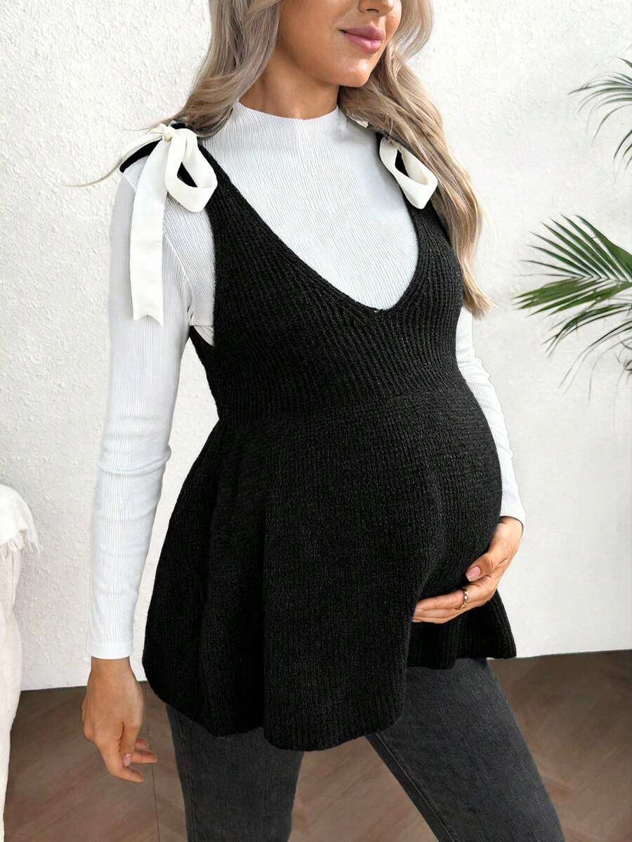 SHEIN 孕妇罗纹针织蝴蝶结荷叶边下摆时尚百搭背心