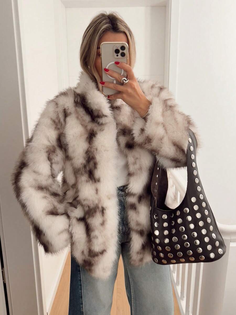 SHEIN Frenchy 女士休闲保暖人造毛皮长袖外套,秋冬季,女士冬季人造毛皮外套,新年,女士休闲,毛皮外套,复古,西部风,Jaripeo - 彩色 - 查看 1