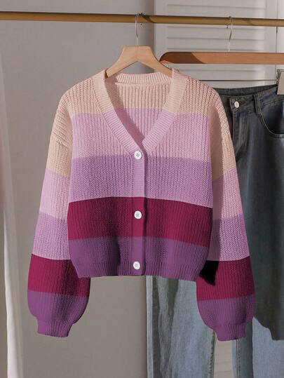 Sparklyn Teen GirlRainbow Color Block Casual Stylish Fitted Knit Cardigan Sweater, Autumn/Winter Fall Clothes Tween Girl Clothes Sweaters 14 16 Clothes Teen Vintage Clothes Summer Clothes For Teens Sweater Fall Clothes For Teens Teenager Clothes Sweater