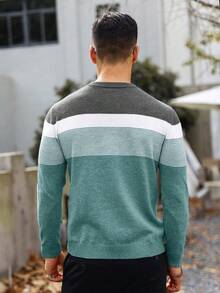 Manfinity Homme 男士休闲通勤撞色条纹毛衣，秋冬季 - 藍白色 - 查看 2