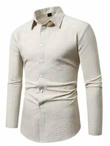 Manfinity Homme Herren Leinen-Mischgewebe Einfarbig Bedrucktes Langarm Hemd - Lässiges, bequemes Hemd - Für Frühling & Herbst - Geeignet für den Alltag - Perfektes Geschenk für Männer Beiges Hemd für Herren Herren Mode Businesshemd Business Casual Herrenhemd Luxus Herrenhemden Elegante Hemden für Herren - Aprikosenfarben - Übersicht 3