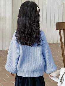 Dazy Kids 年轻女孩休闲日常通勤简约百搭纯色罗纹针织落肩宽松纽扣开衫，秋冬款 - 淺藍色 - 查看 3