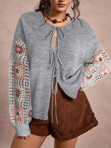 Freevana Plus Size Applique Knot Decor Round Neck Casual Versatile Long Sleeve Cardigan/Winter - Grey - View 6