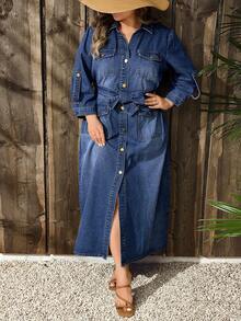 SHEIN LUNE Váy denim xanh đậm không co giãn, thường ngày, cỡ lớn dành cho nữ, mùa thu/đông - Rửa tối - Xem 2