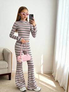 Sparklyn 2pcs Girls Casual Ribbed Fitted Stand Collar Long Sleeve Top And Flared Pants Set, Autumn/Winter - Multicolor - View 6