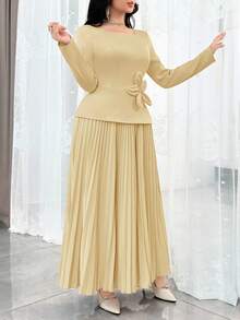 Modelyn Women's Elegant Square Collar Floral Decor Pleated Hem Dress, Spring/Autumn - Butter Yellow - View 6