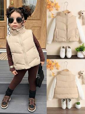 SHEIN Genç Kız Kolsuz Dolgulu Yelek, Düz Renk, Dik Yaka