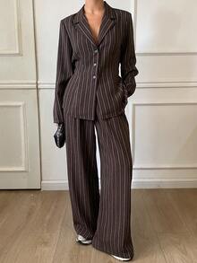 Livesso 2pcs Women Winter Striped Collar Tie Jacket And Casual Pants Set - Brown - View 1