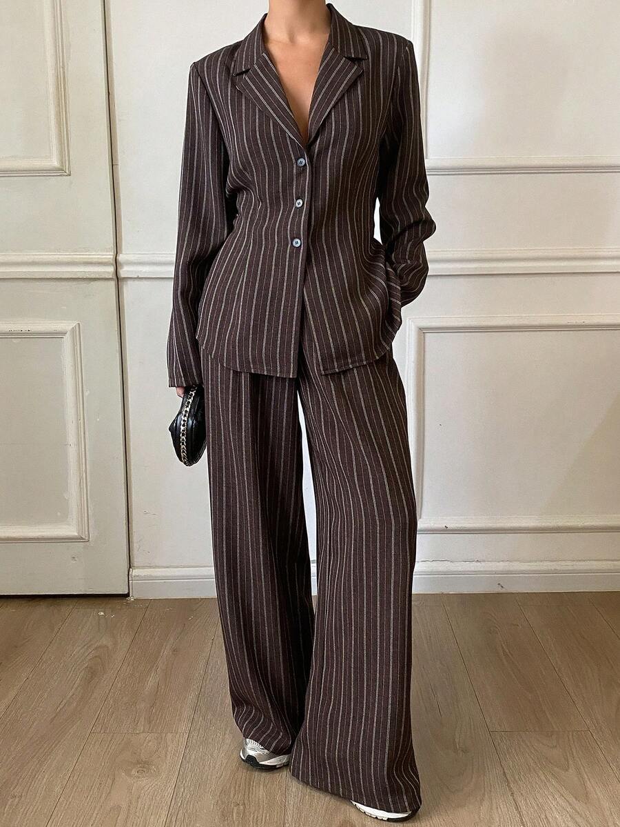 Livesso 2pcs Women Winter Striped Collar Tie Jacket And Casual Pants Set - Brown - View 1