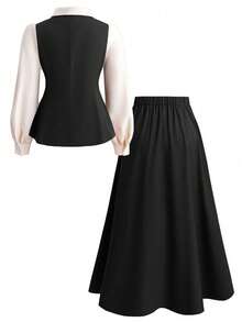 DreamSkyne Bộ đồ 2 mảnh cỡ lớn dành cho nữ: Bộ đồ công sở thanh lịch gồm áo dài tay và chân váy chữ A, được trang trí bằng cúc lớn, phù hợp cho mùa xuân, hè, thu và đông. - màu đen - Xem 2