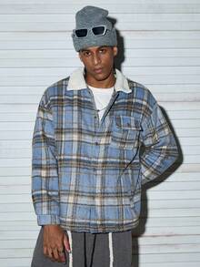 Modcrash 男士时尚格子针织加厚保暖抓绒内衬外套，秋冬款 - 藍色 - 查看 7