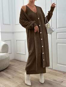 SHEIN Ponpon And Stone Button Detail Maxi Long Cardigan - Brown - View 3
