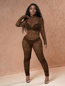 Slaydiva Élégant, sexy et pour soirée : Combinaison longue à col montant et manches longues pour femmes, en tissu léopard floqué transparent, longueur cheville, convient pour l'automne - Tabac - Voir 5