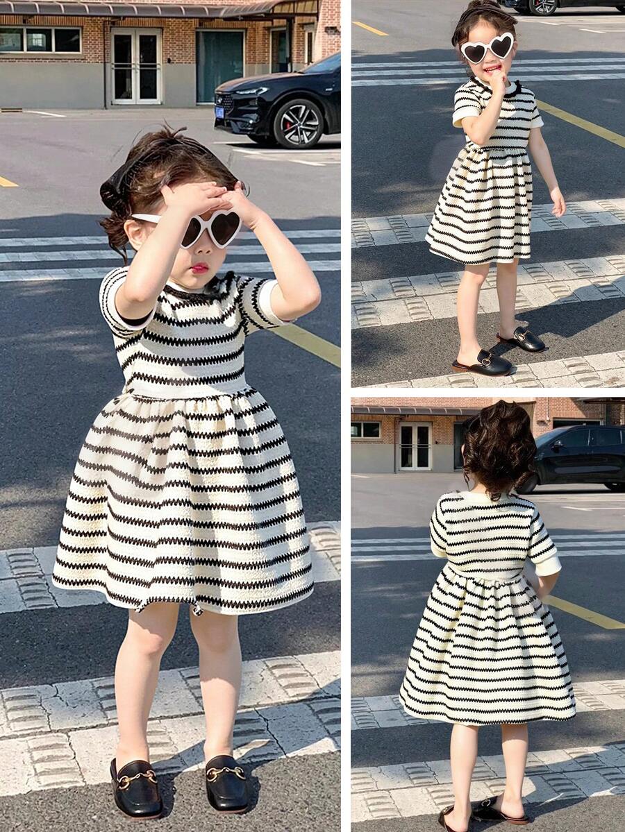 SHEIN Genkimix Kids Young Girls Casual Striped Short Sleeve Ruffle Trim Knit Dress, Princess Style, Spring/Summer