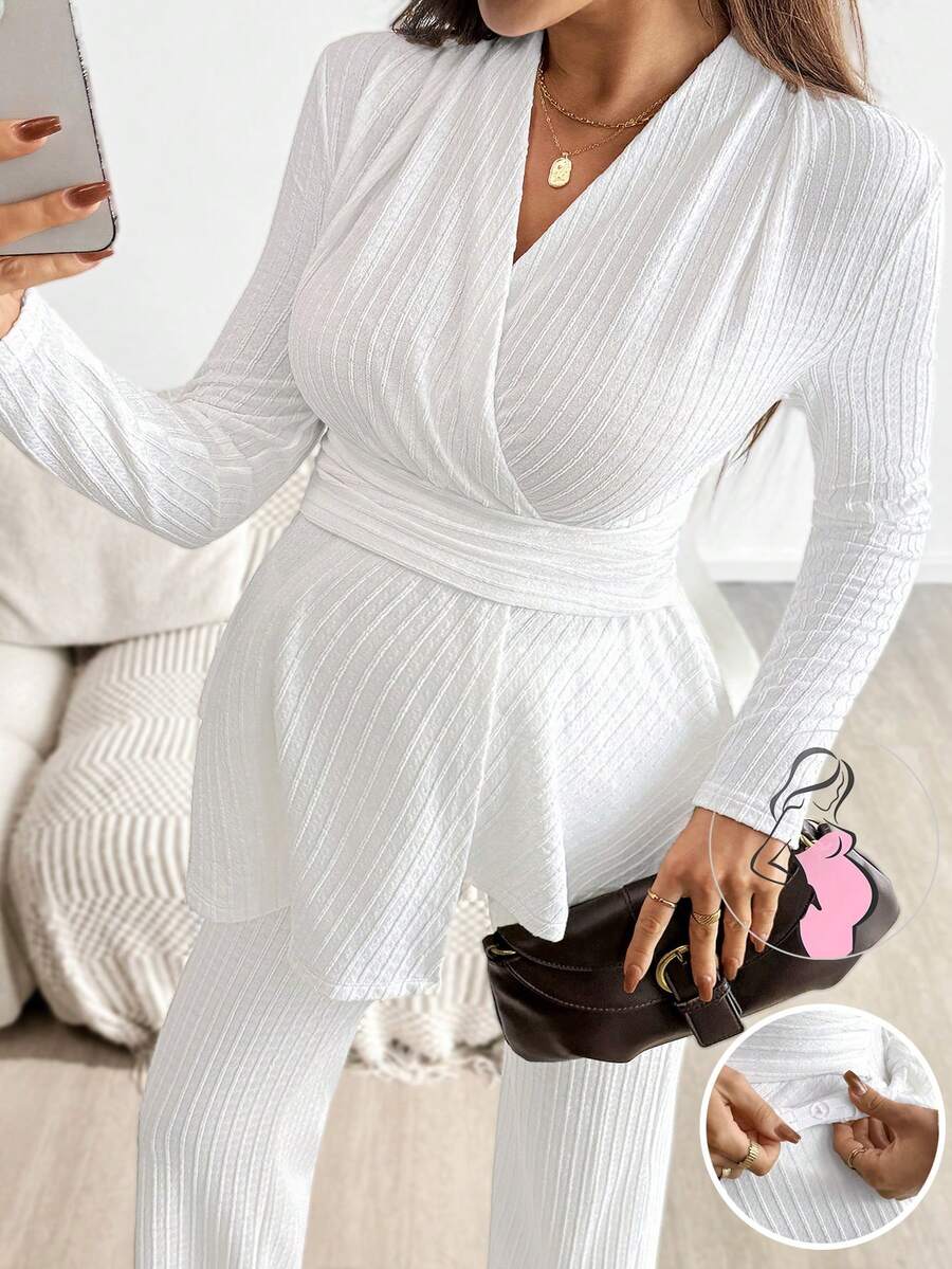 SHEIN Bộ 2 món áo thun dài tay cổ tròn trơn màu đơn giản cho bà bầu và quần dài, mùa thu - trắng - Xem 1