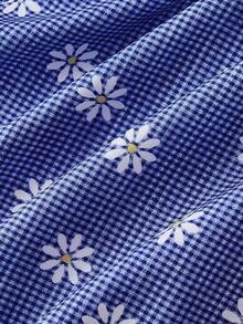 SHEIN MOD 复古可爱蓝色格子拼接连衣裙，泡泡袖，交叉系带——完美适用于度假、约会、野餐、派对、舞会、节日和生日等场合。 - 藍白色 - 查看 4