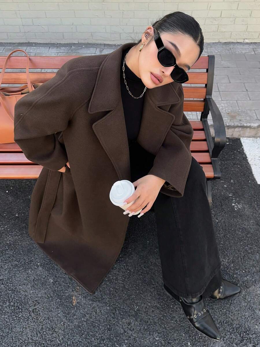 Dazy Plus Plus Size Women Solid Color Thick Wool Blend Tie Waist Long Coat, Autumn/Winter