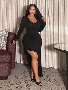 Slaydiva Autumn/Winter New Sexy Party & Birthday Party & Evening Party & Banquet & Date & Elegant & Bachelorette Party & Graduation Season & Wedding Season & Gathering & Valentine's Day Sexy Fitted Solid Black Deep V-Neck Long Sleeve Asymmetric Hem Backless Tie-Up Knit Stretchy Fabric Plus Size Maxi Dress - Black - View 3