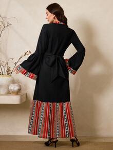 Al Najma Women's Geometric Print Flare Sleeve Elegant Arabic Style Dress - Apricot - View 4