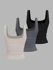 Sweetra Women's Casual Pleated Square Neck Camisole, Summer - Multicolor - View 2