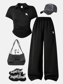 Tween Girls' European Retro Style Black Polo Collar 2-Piece Set, Clean Fit Embroidered Horse Logo Short Sleeve T-Shirt And Wide Leg Pants, Tennis Uniform, Minimalist Academy Style - Black - View 4