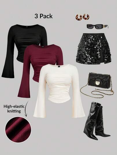 SHEIN MOD Plus Size Women 3pcs Women's Solid Color Bell Sleeve Ruched T-Shirts,Going Out Tops,Holiday Women,Long Sleeve Crop Tops,Fall & Winter For Women ,Back To School,Country Concert.Christmas And New Year Outfits