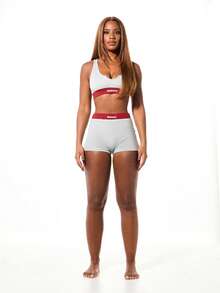 SUMWON WOMEN Grey Notch Neck Sports Bra Top And High Rise Shorts Lounge Set With Contrast Red Trim - Grey - View 5