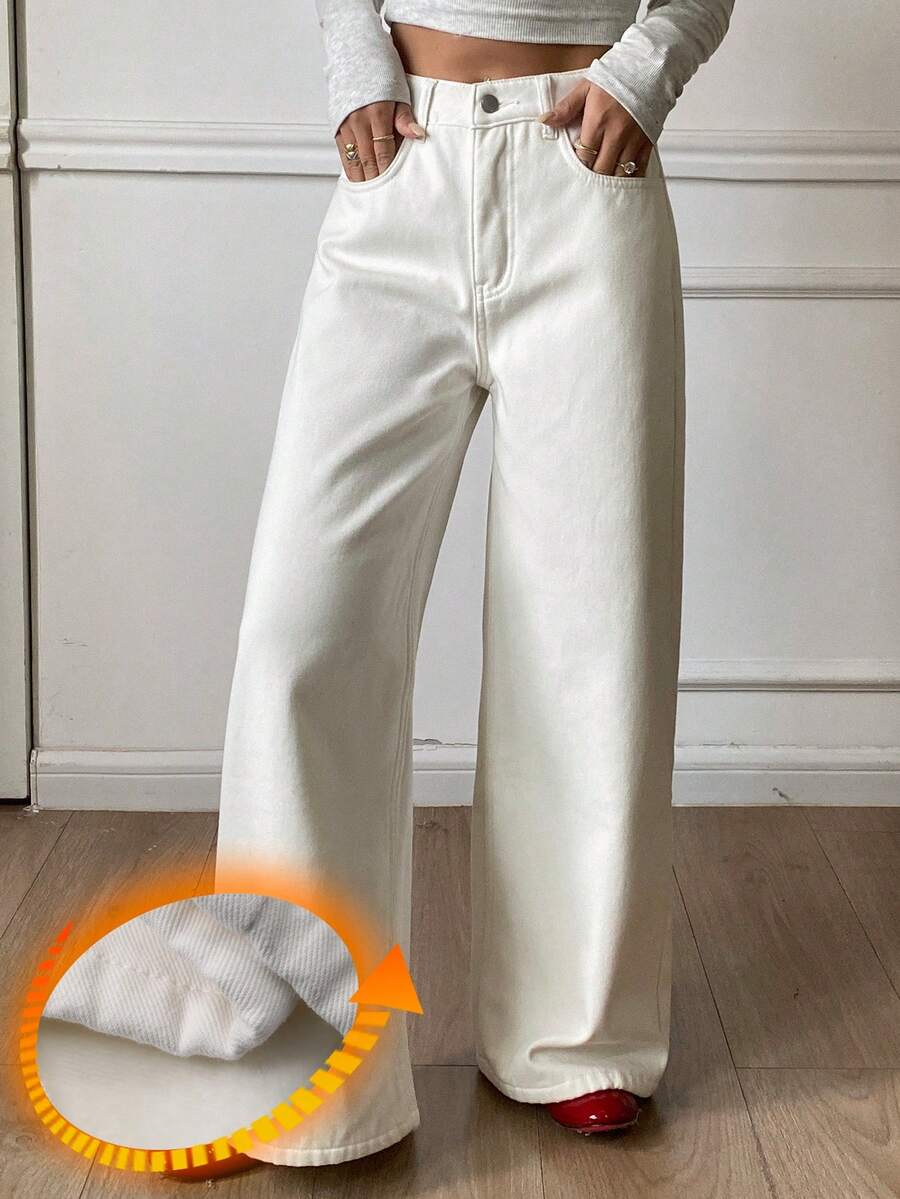 DAZY Women's Straight Leg Casual Thermal Lined Jeans - White - View 1