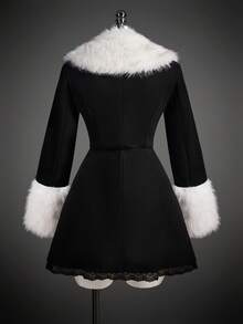 SHEIN ICON Women's Autumn/Winter Fashion Patchwork Faux Fur Double-Breasted Lace Trim Padded Coat - Black and White - View 2