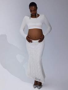 Cheriluna Maternity Maternity Lace Long Sleeve Maxi Dress, 2pcs Set For Pregnancy Photo Shoot - White - View 2