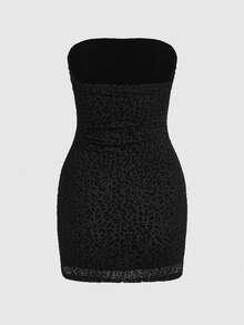 ROMWE Y2K Vestido mini ajustado con bandeau de tela flocada oscura y misteriosa para mujeres, adecuado para fiestas de San Valentín - Negro - Ver 2
